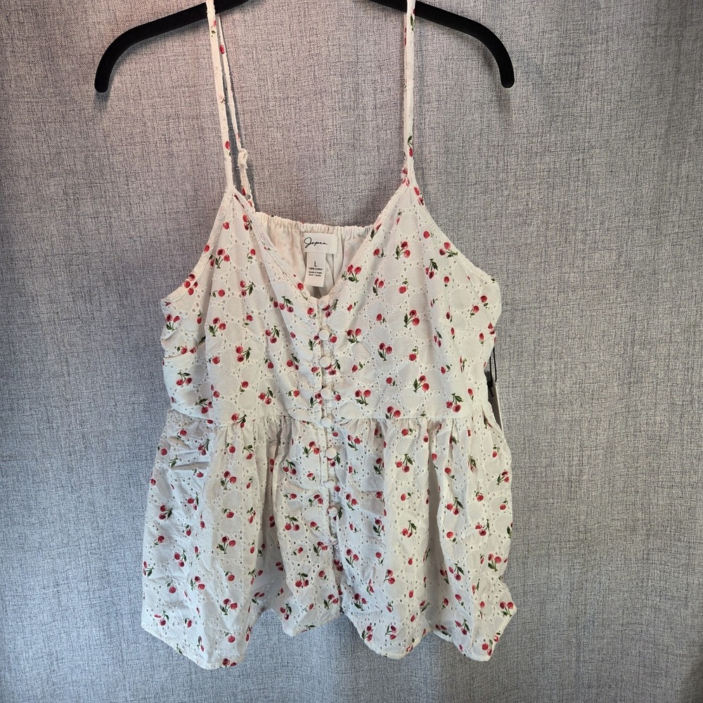 Japna Floral Eyelet Babydoll Cami Tank White Cottagecore Large Cherries